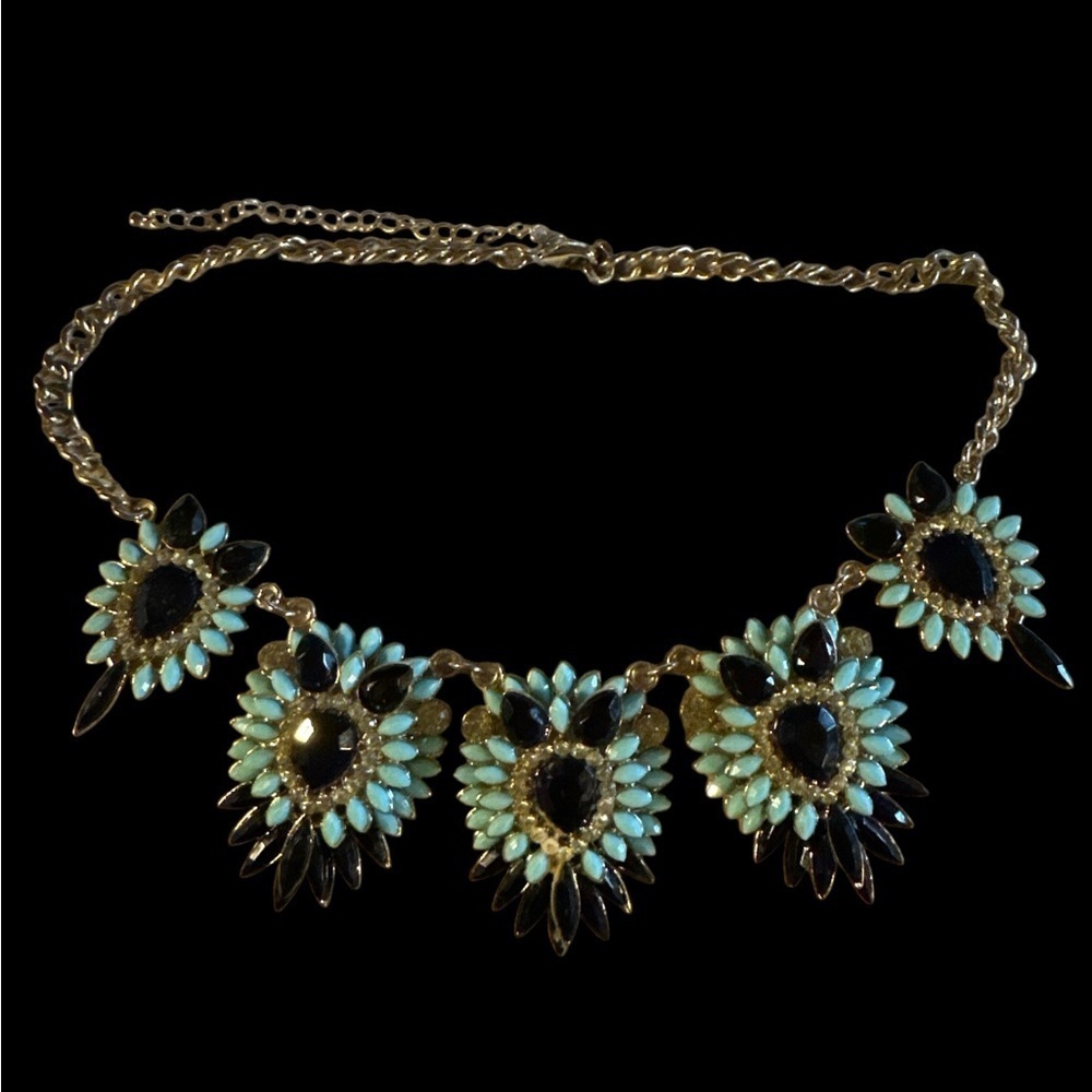 Elegant Gold, Black, Light Blue, Rhinestone Statement Necklace